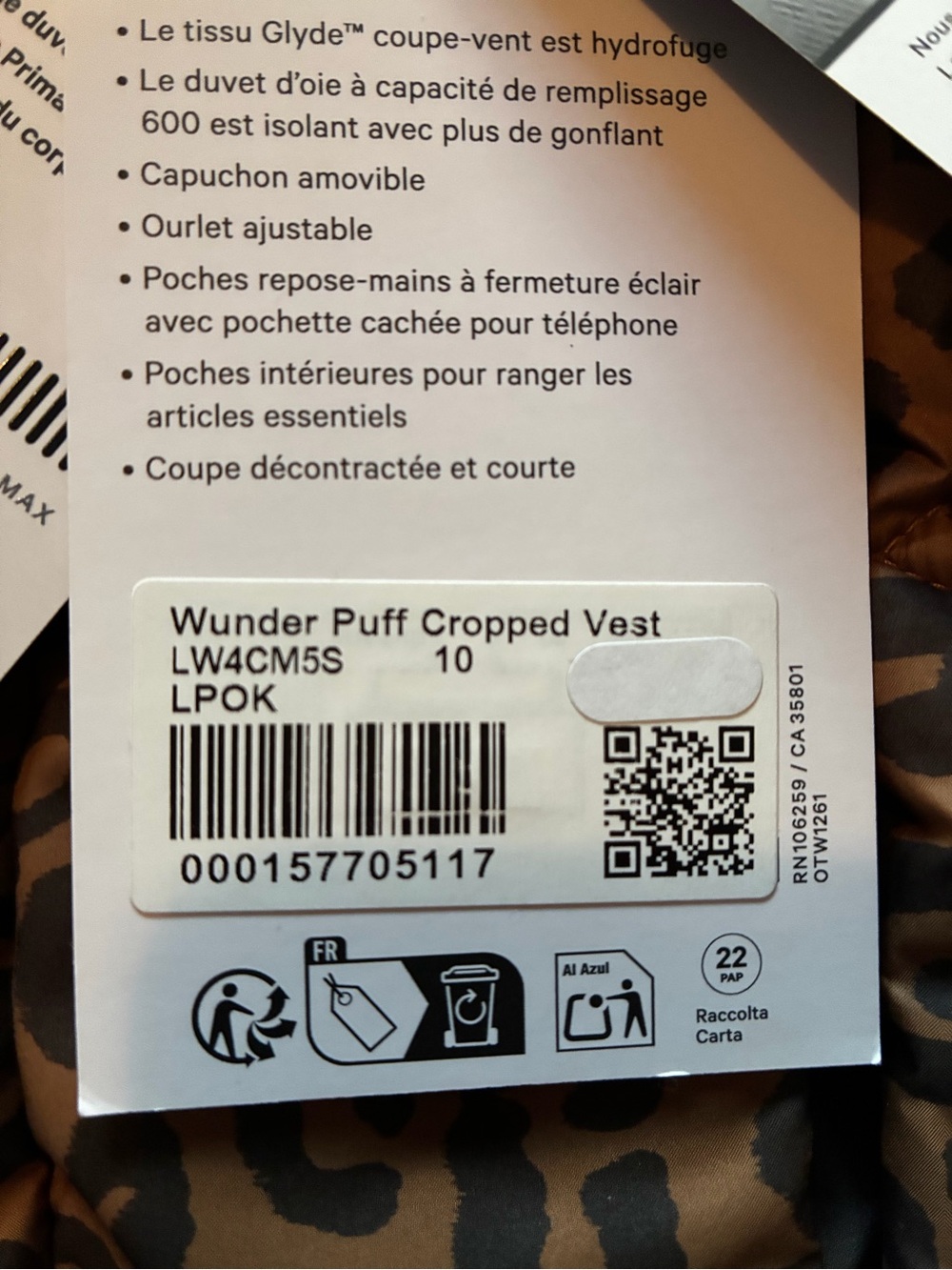NWT Lululemon Wunder Puff Cropped Vest Leopard Khaki Size 10 - Picture 5 of 11